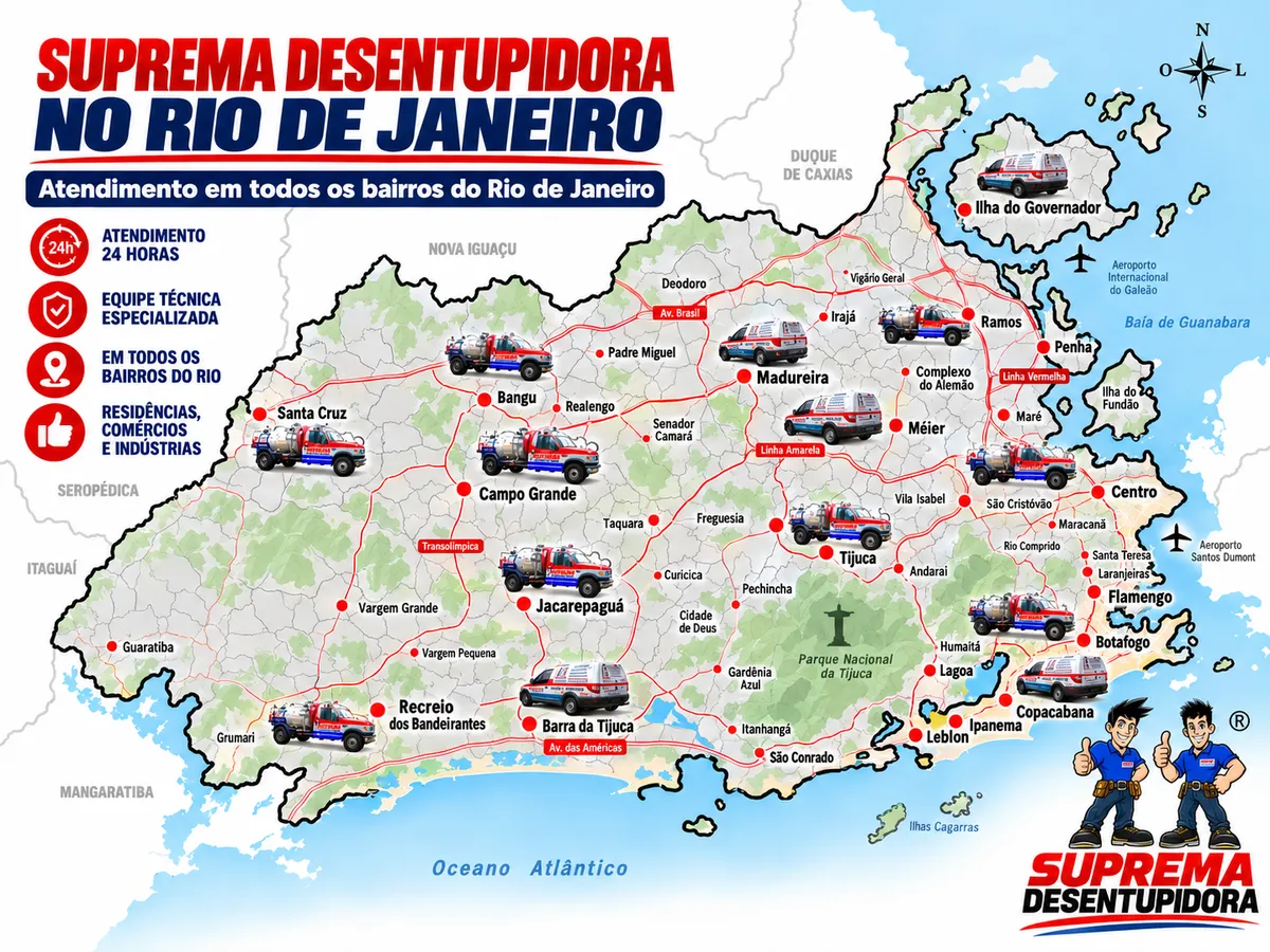 Mapa de atendimento da Suprema Desentupidora em todos os bairros do Rio de Janeiro, com caminhão limpa fossa e equipe no bairro Ipanema, Rio de Janeiro